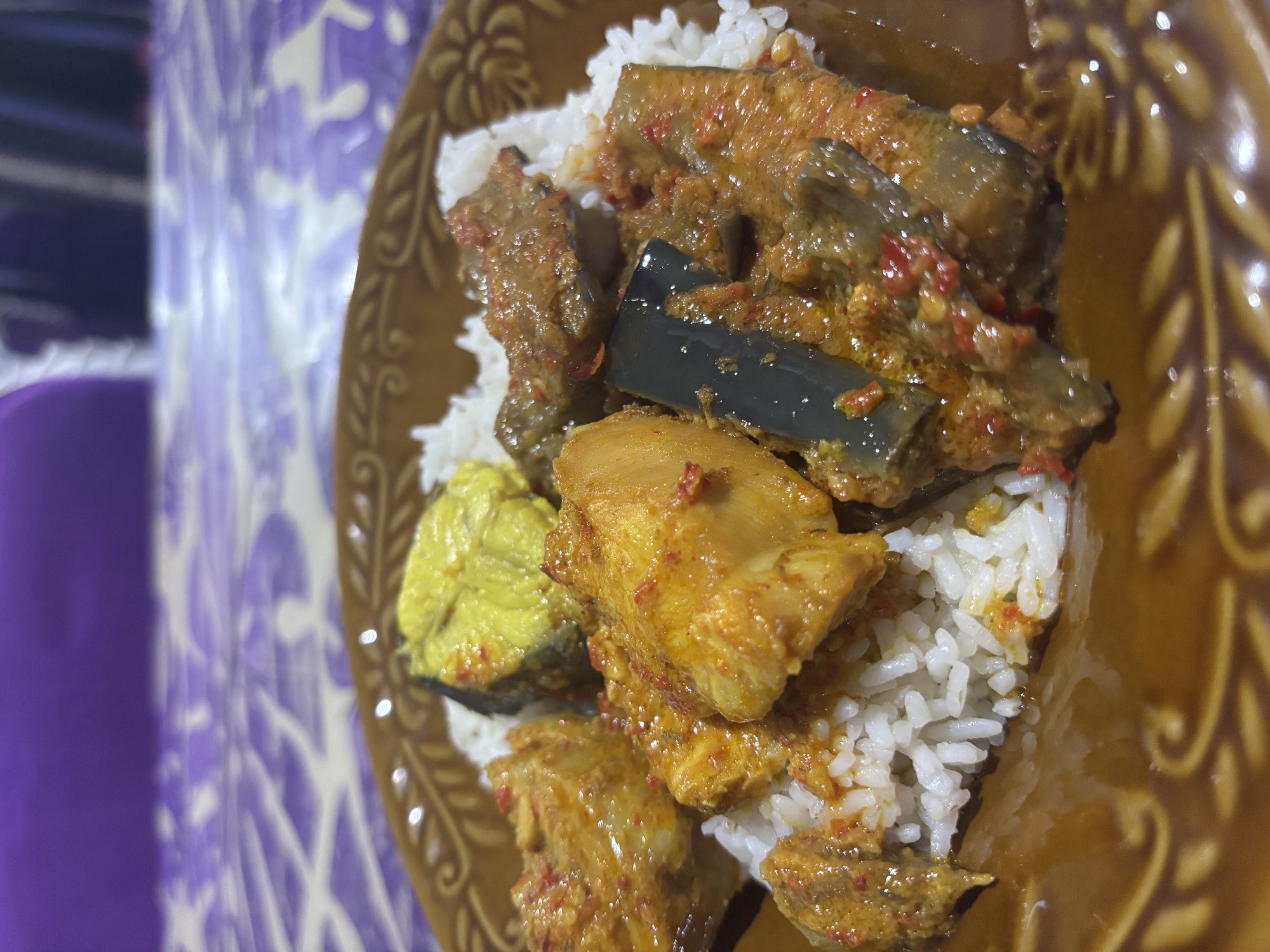 The bizarre 2 AM dinner plate of rice, curry, and eggplant
