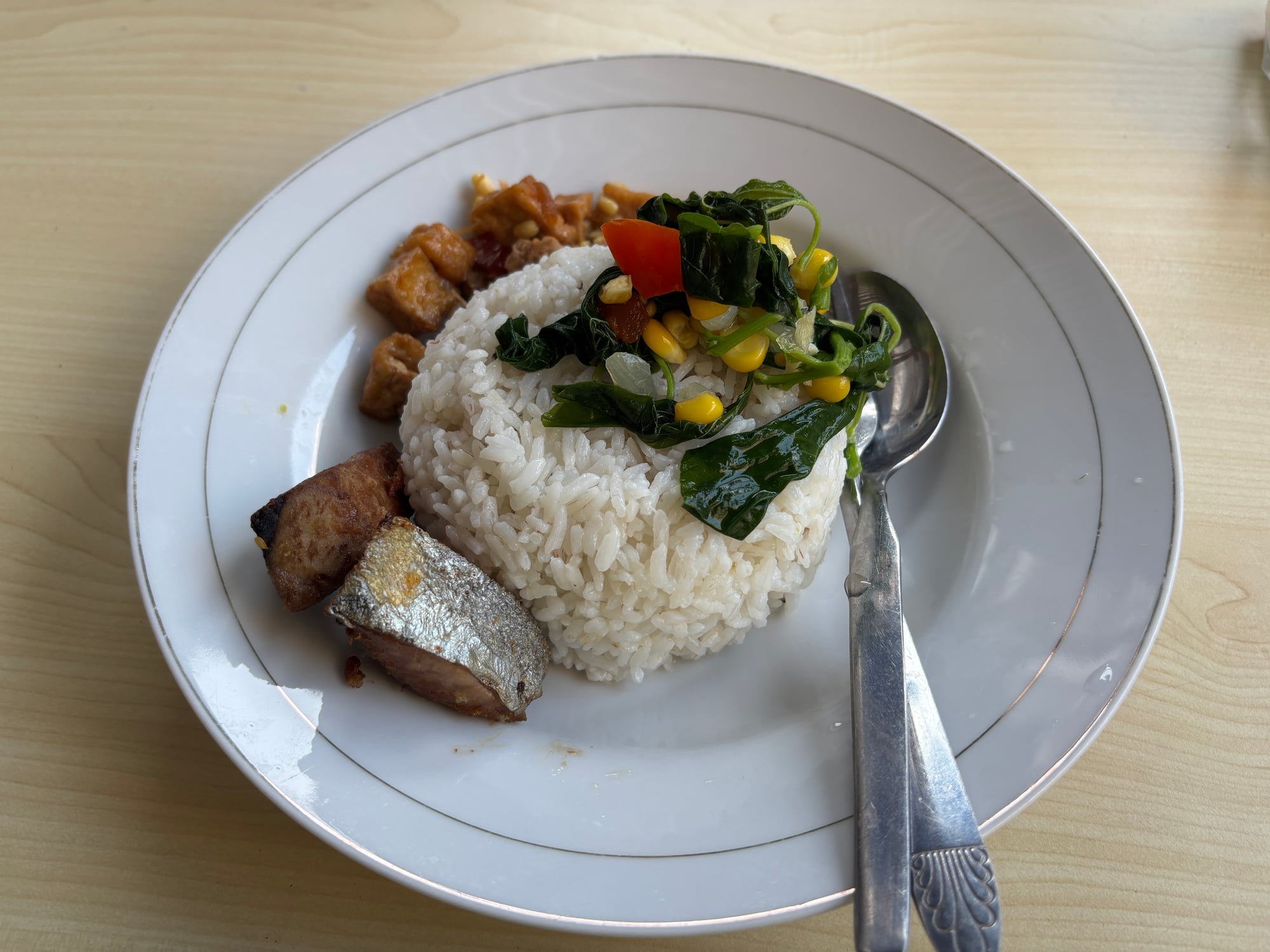 A plate of Nasi Ikan with rice, fried fish, tempe, and vegetables