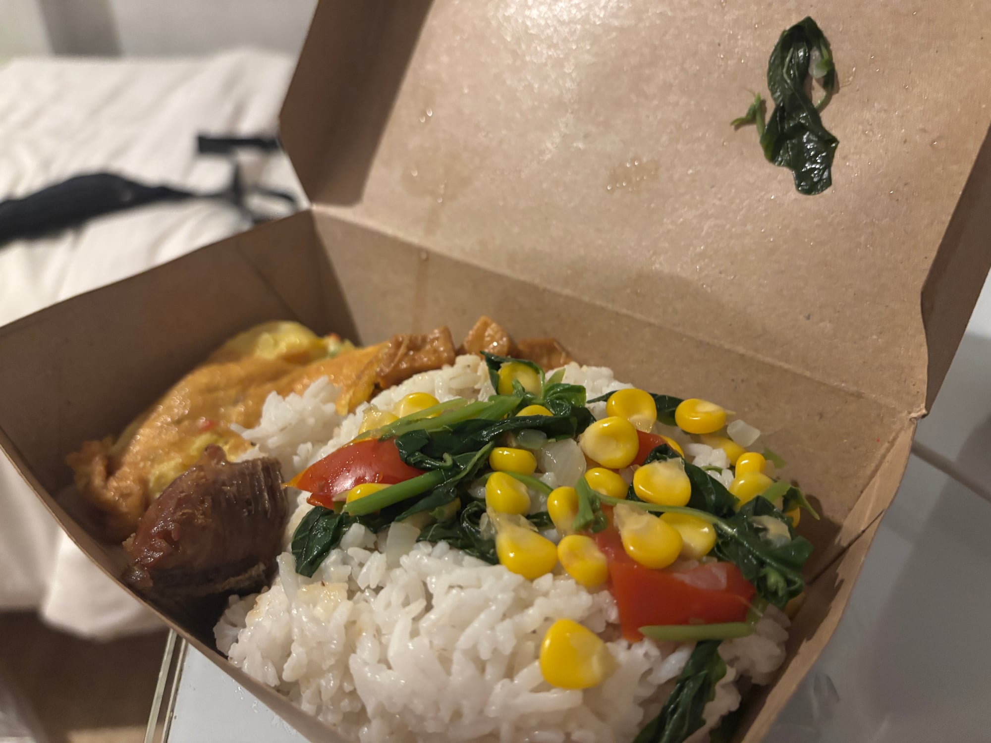 A takeaway box of Nasi Ikan with rice, fish, and vegetables for dinner