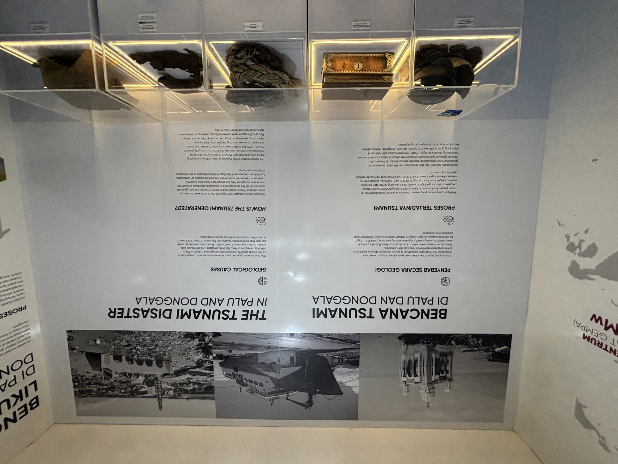 Items recovered from the rubble of the 2018 earthquake, displayed at the Palu Museum