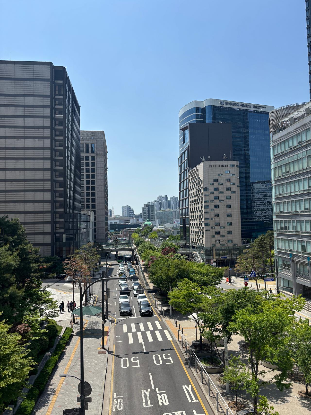 A view of a busy urban street lined with tall buildings and trees under a clear blue sky.