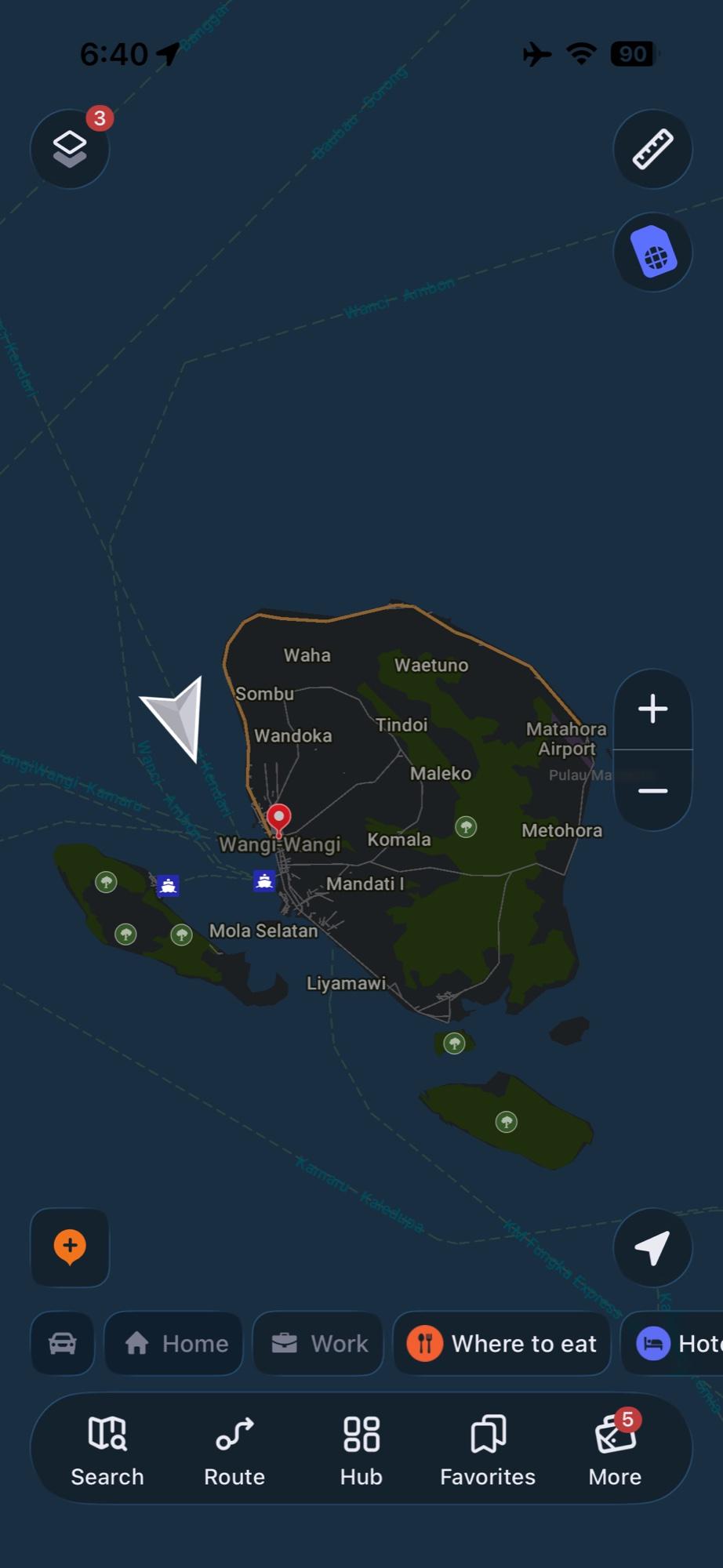 Peta yang menunjukkan rute feri di dekat Wangi-Wangi di kepulauan Wakatobi