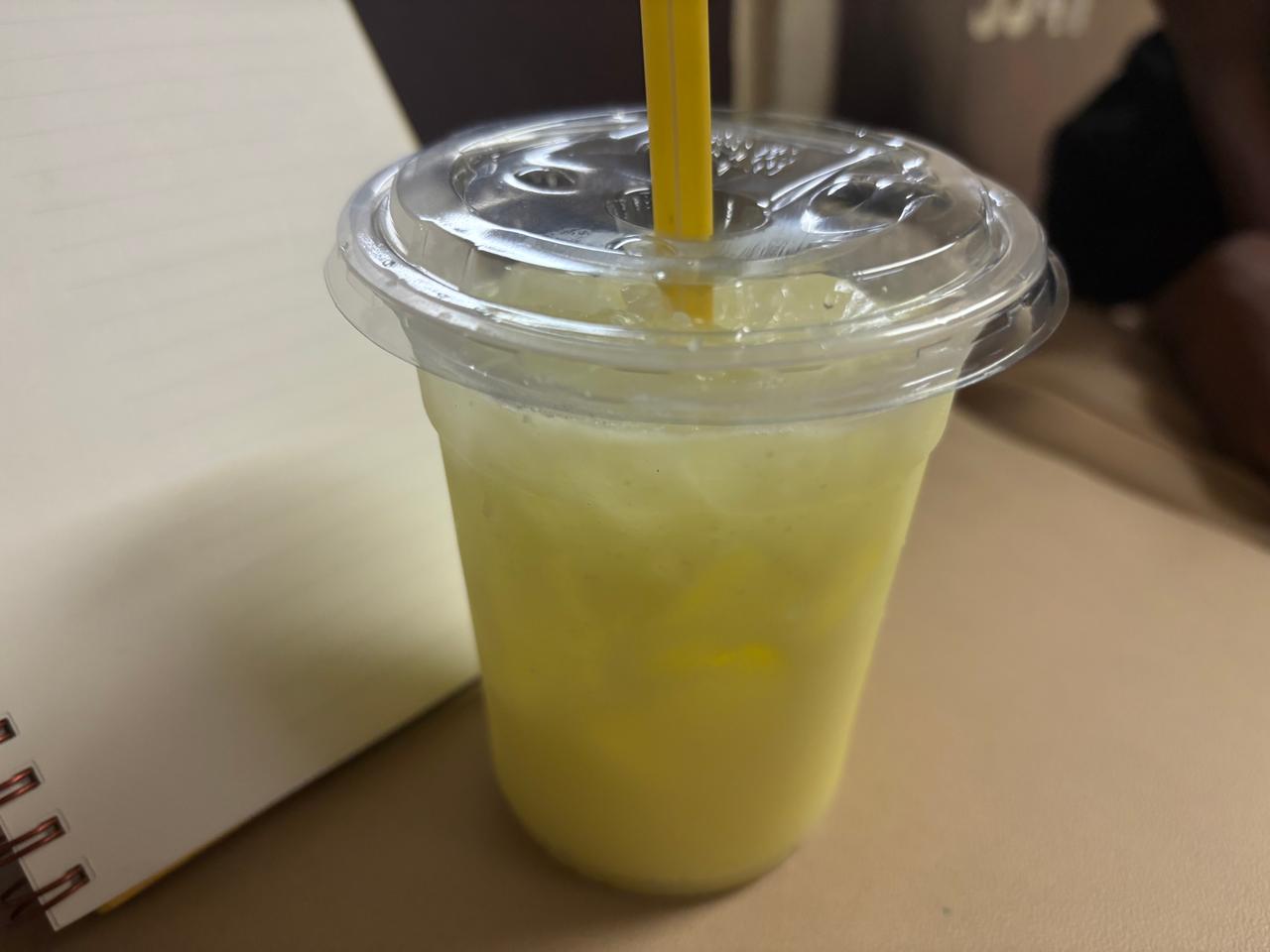 Sebotol jus nanas pemberian seorang anak lokal di atas feri