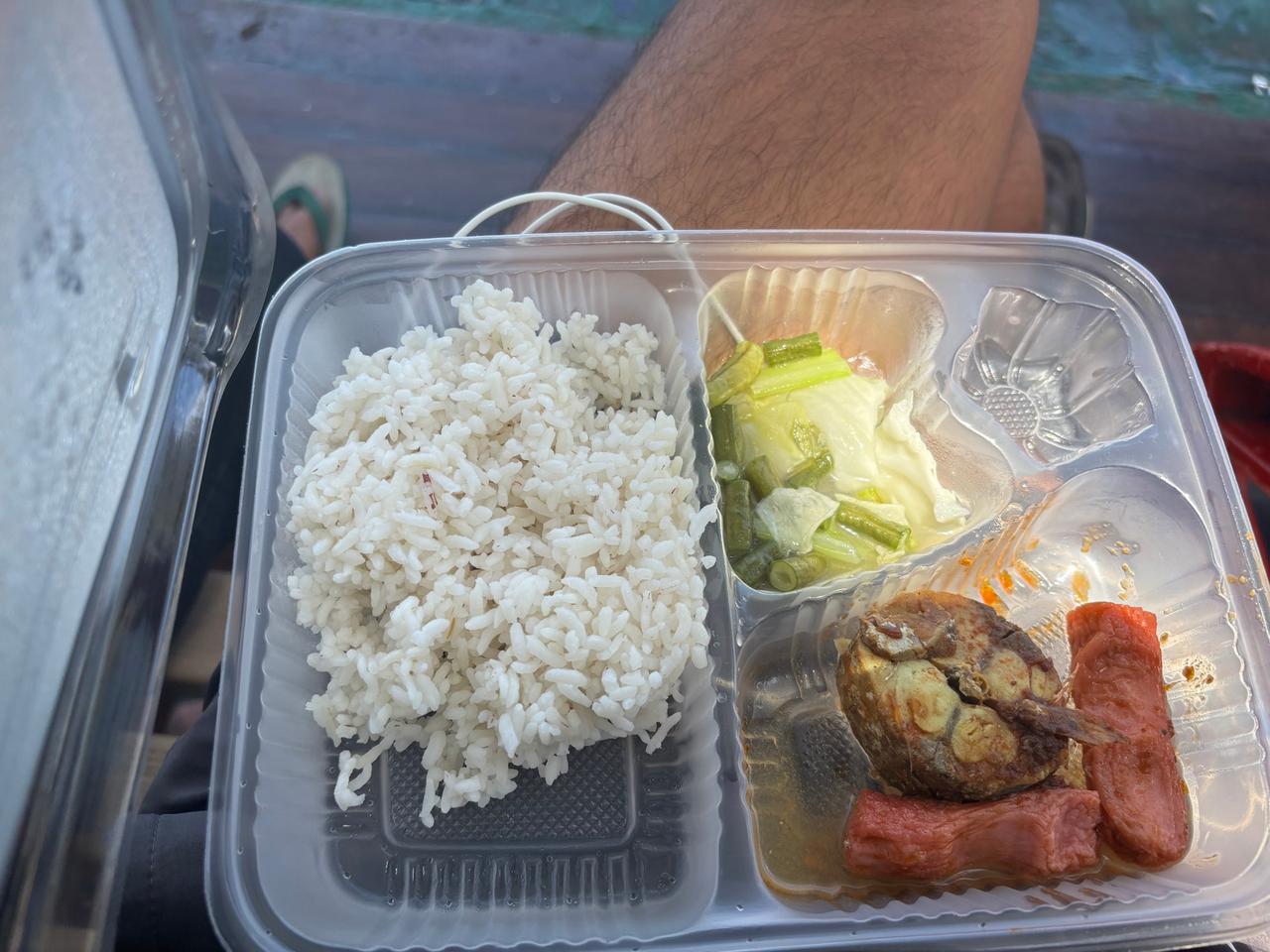 Makanan terakhir di feri berupa nasi putih, sayuran hijau, dan ikan