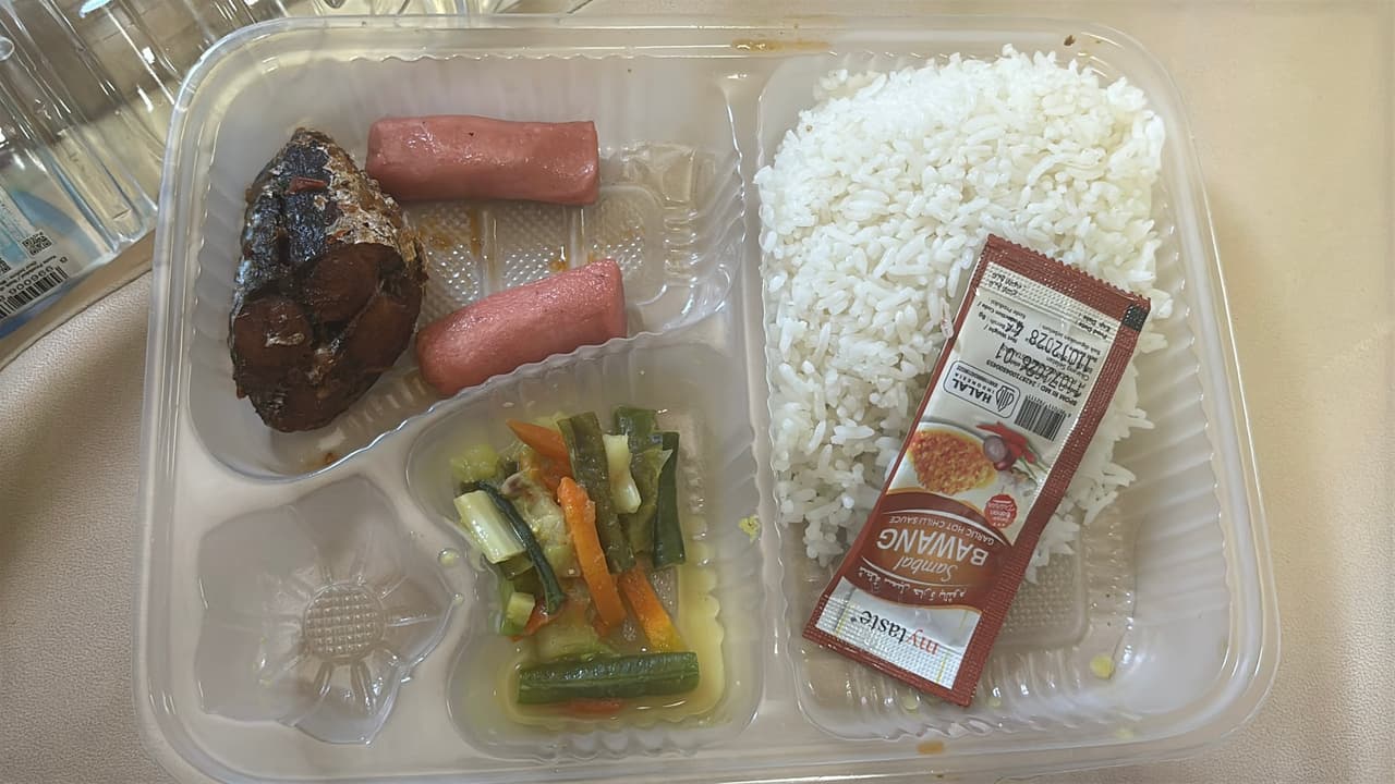 Nampan makan siang feri berisi nasi, sosis, ikan, dan sayur