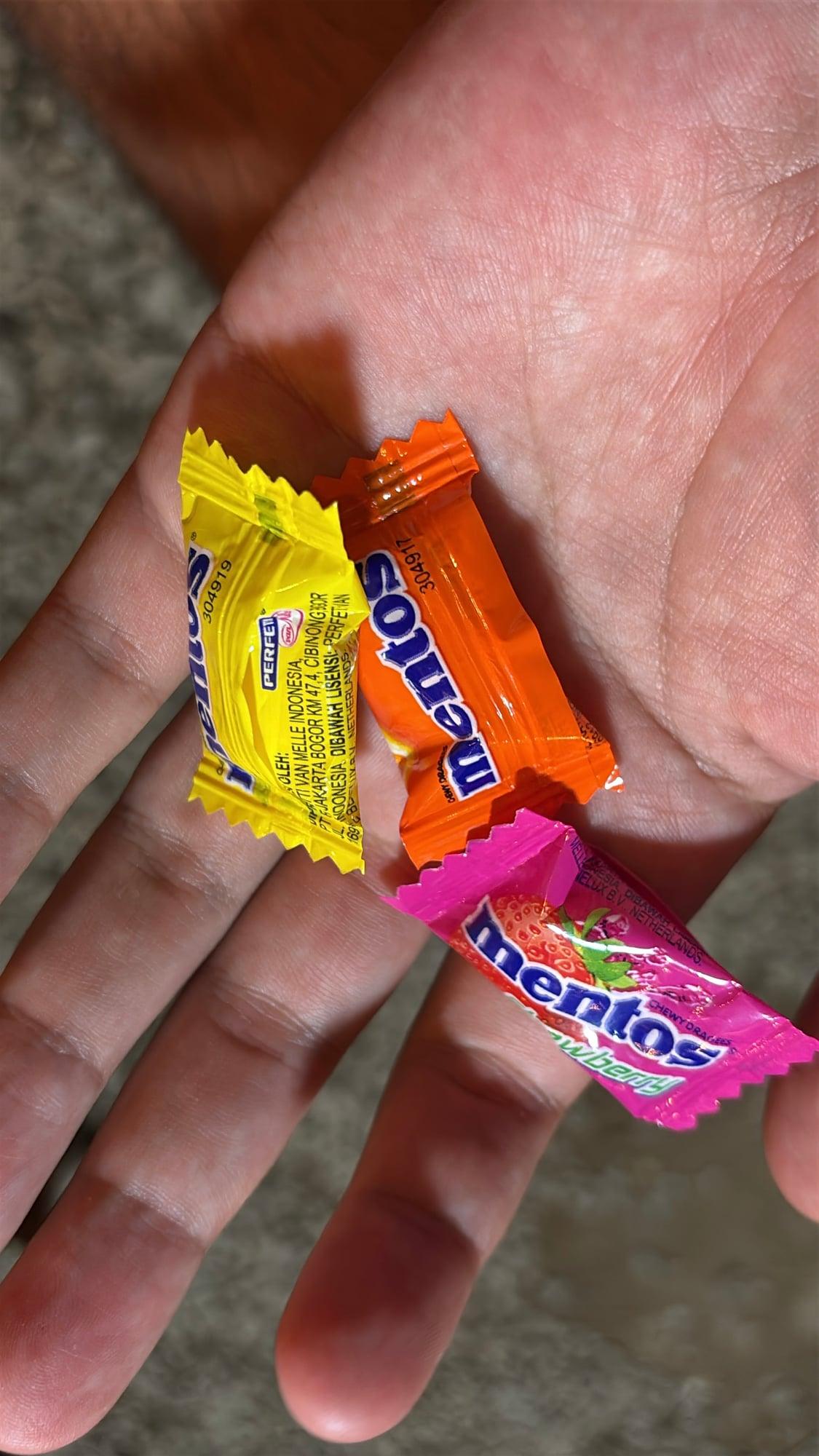 Three Mentos candies given to me by the local kids