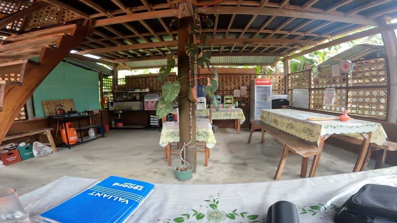 Shared kitchen and dining space at Lhoyjean Garden Hostel in Bohol