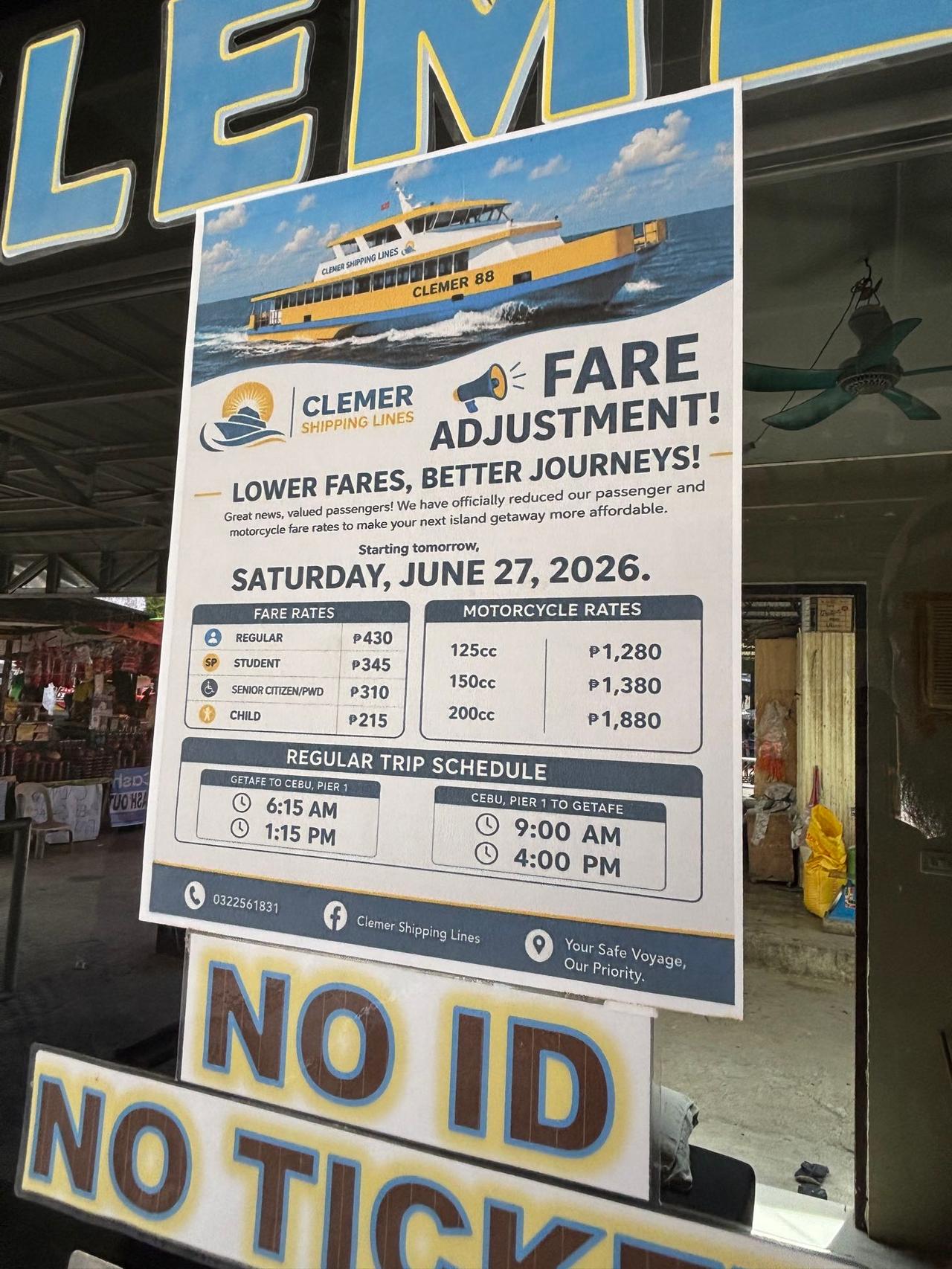 A ferry schedule board at the Getafe port showing departure times to Cebu
