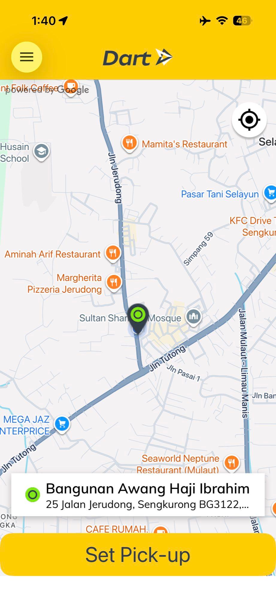 Setting a pick-up point on the Dart app map in Brunei