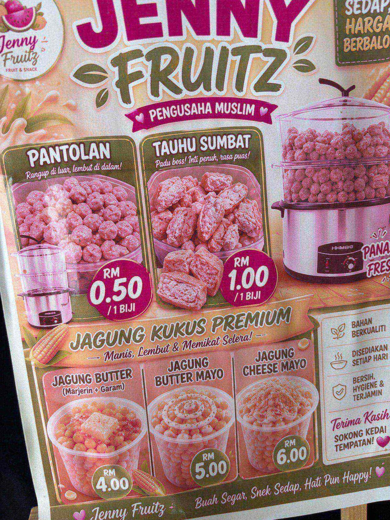 A snack stall menu showing Pantolan and other fried snacks