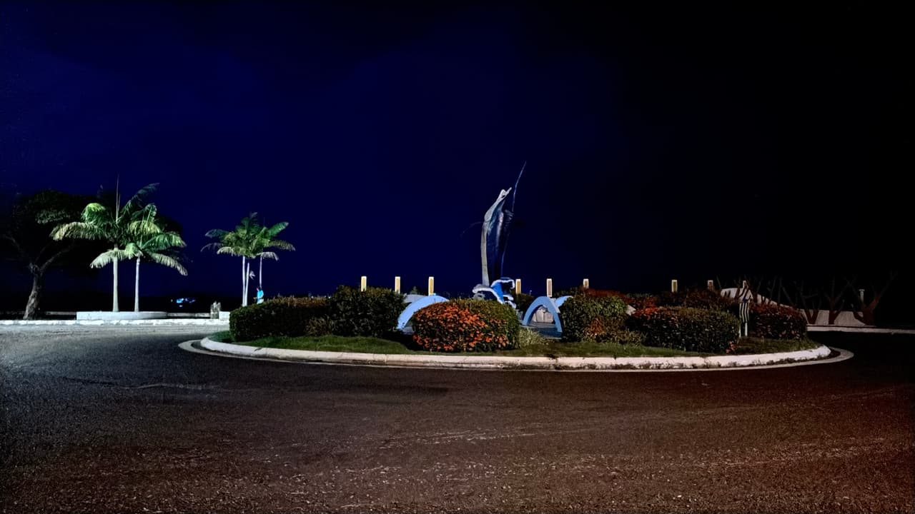 A marlin statue lit up at a seaside roundabout in Tawau at night