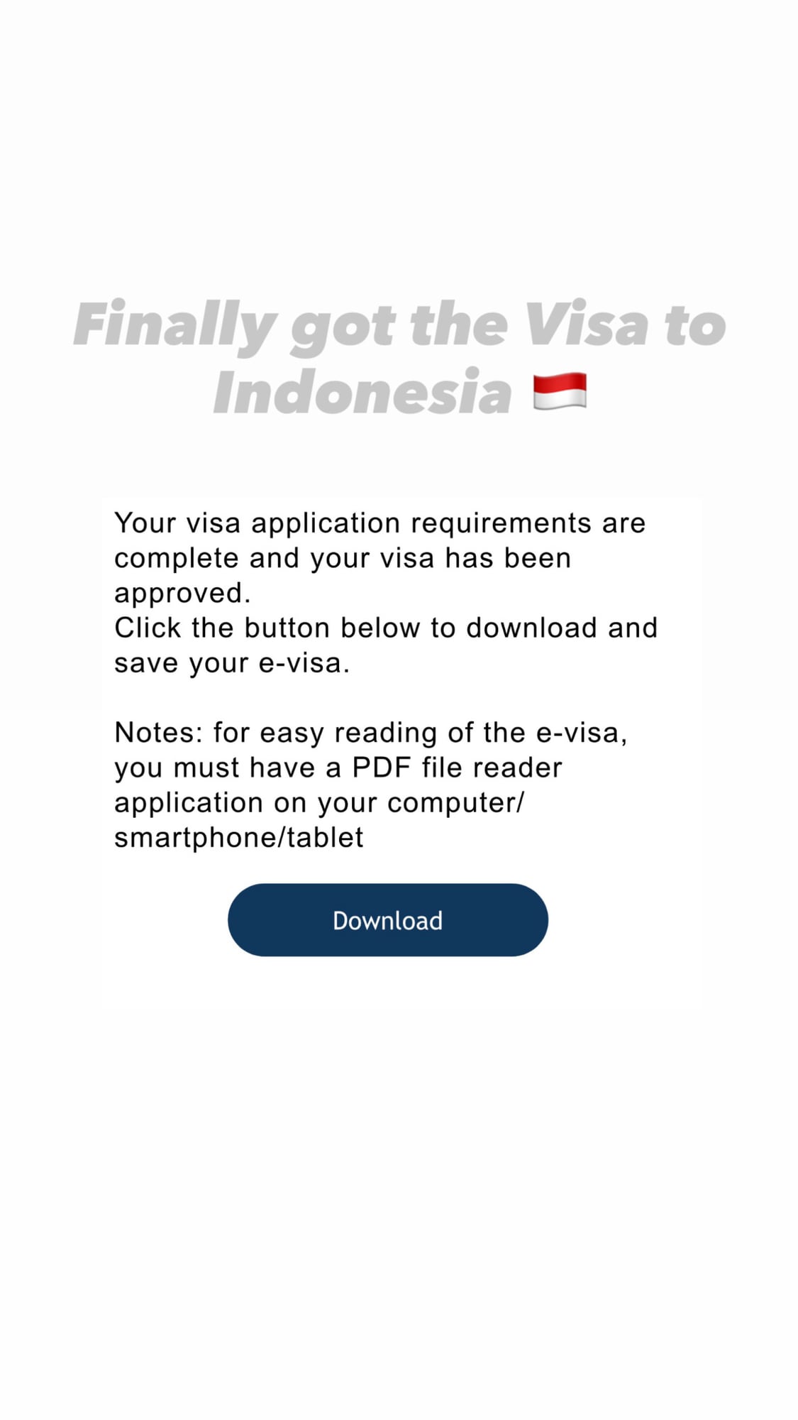 A phone screen showing the approved Indonesian visa notification