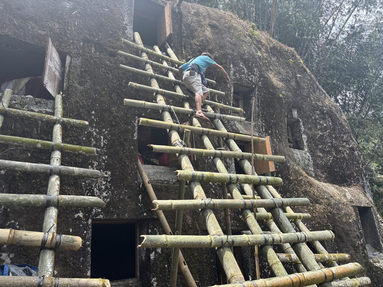 A man in a teal shirt climbing a lashed bamboo ladder scaffold built against the mossy boulder to reach an upper tomb door.