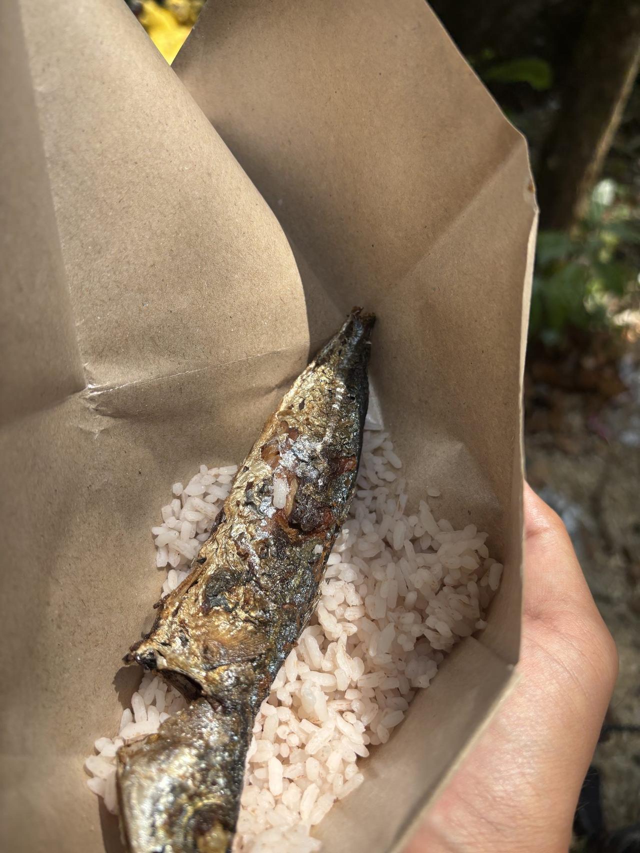 Grilled fish laid over rice inside a folded paper bag, held in someone's hand.