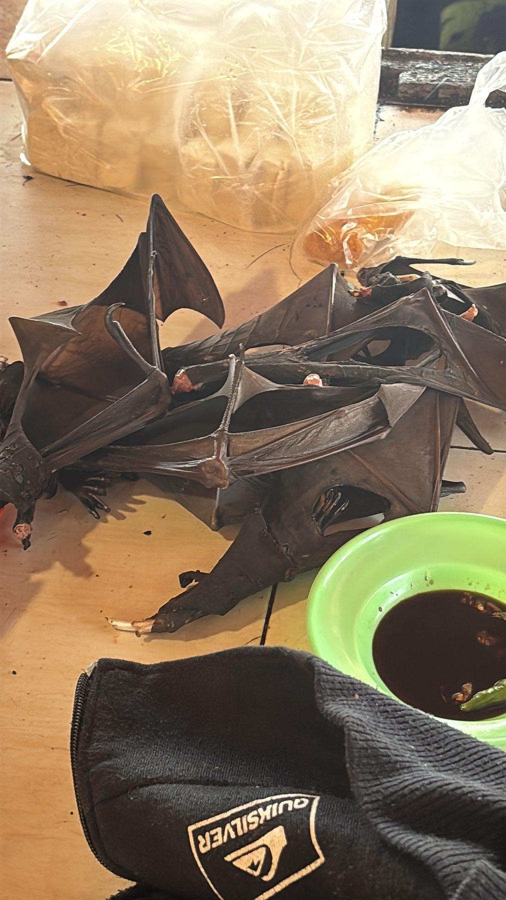 Bangkai kelelawar buah di atas meja pasar, di sampingnya semangkuk sambal gelap berbumbu cabai.
