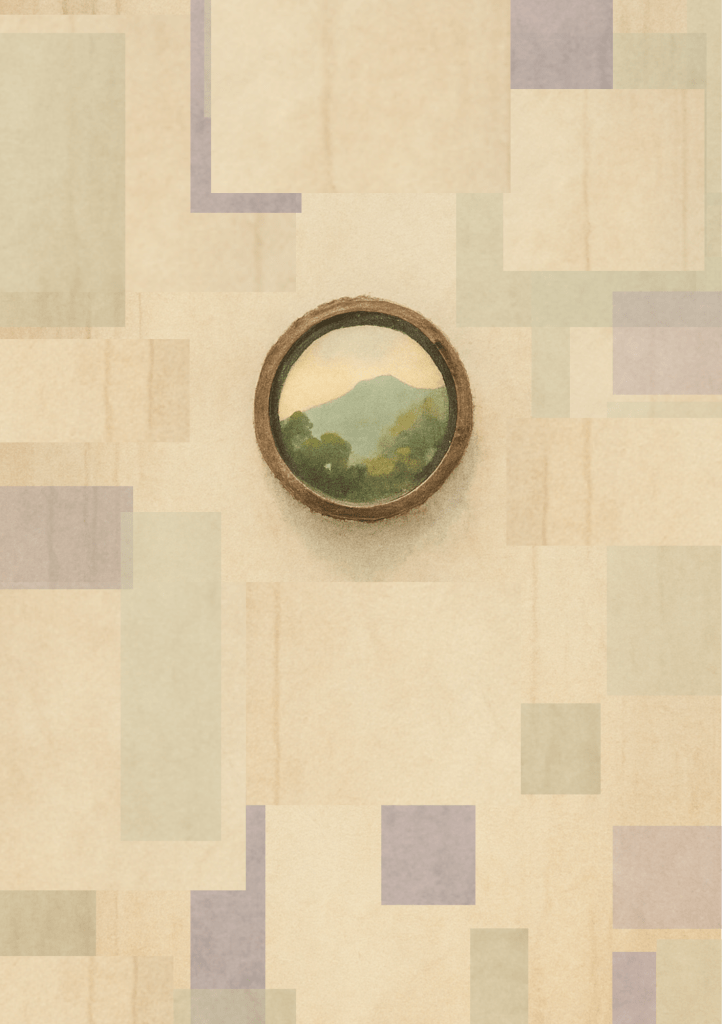 A circular frame containing a painting of a mountainous landscape, set against a textured, pastel background with abstract shapes.