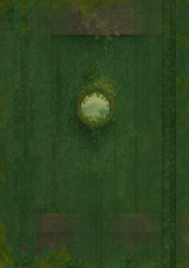 A large green door with a circular window, surrounded by vines and foliage, revealing a glimpse of a forest landscape beyond.