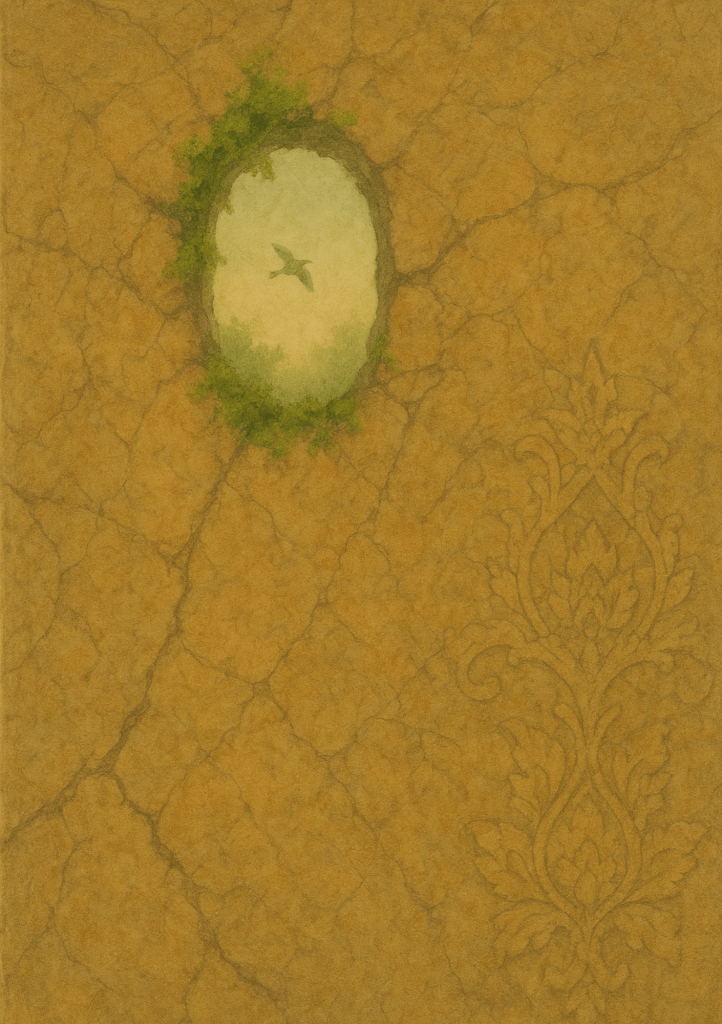 A textured gold and orange background featuring a cracked surface and an oval shape surrounded by greenery, depicting a soft, cloudy sky with a bird flying.